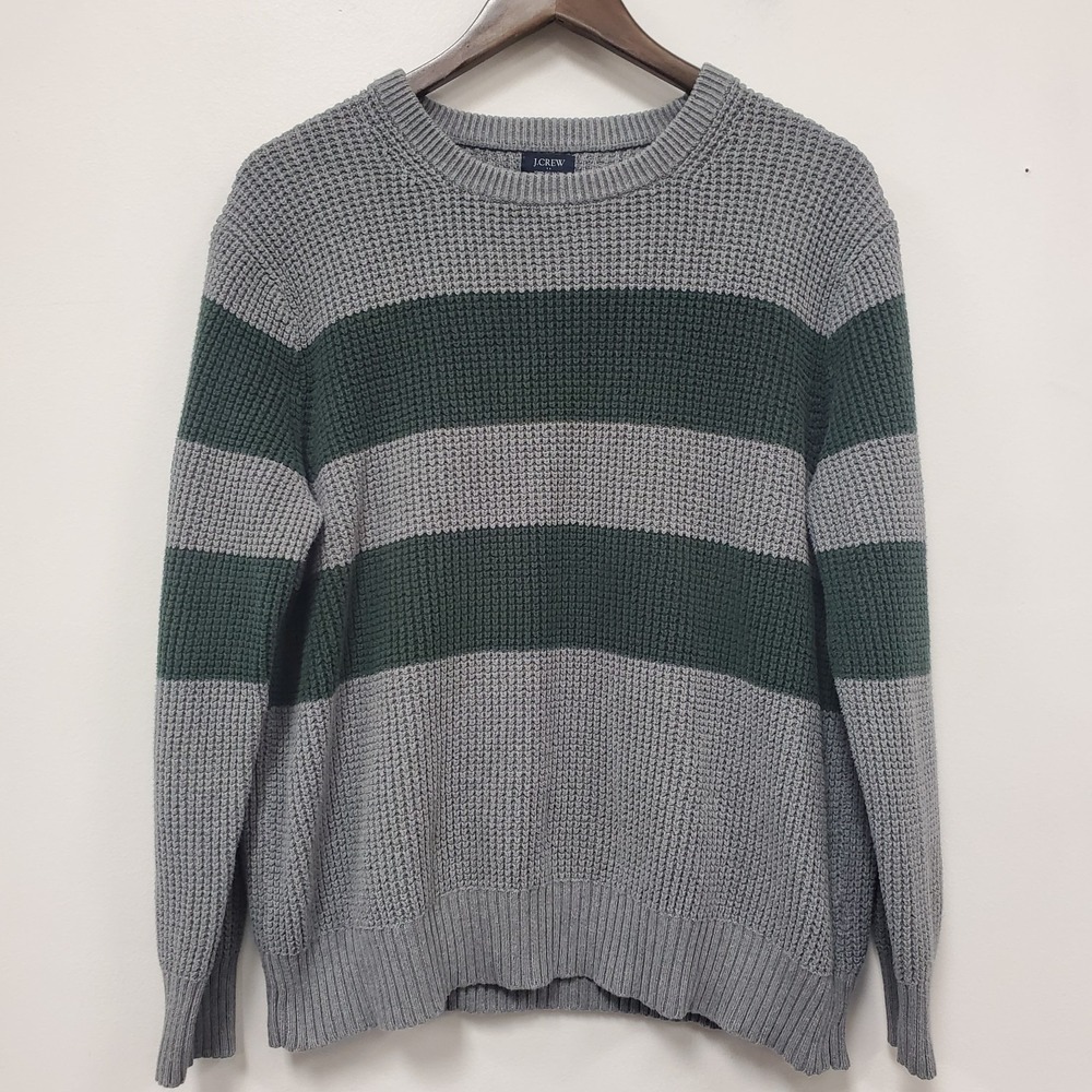 J Crew Mens Rugby Waffle Knit Crew Neck Sweater Size M Striped Green Cotton